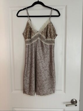 Lace-Trim Satin Chemise Nightdress in Light Brown